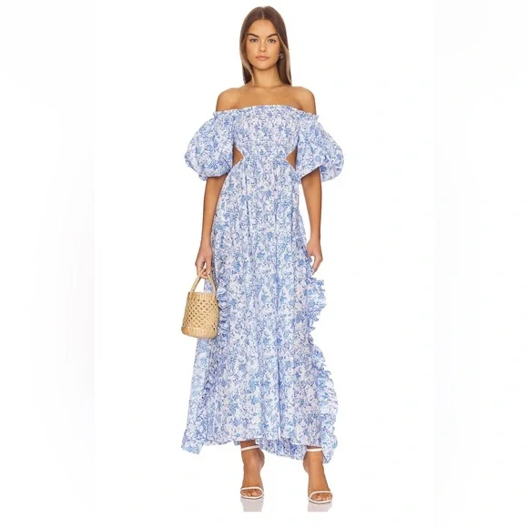 Caroline Constas | Dresses | Caroline Constas Blue And White Smocked  Offshoulder Maxi Dress | Poshmark